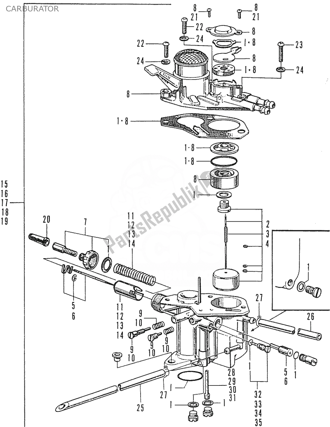 Todas as partes de Carburador do Honda C 50 CUB 1969