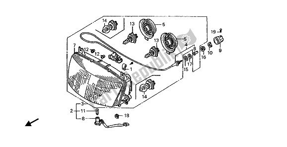 All parts for the Headlight (uk) of the Honda ST 1100A 1992