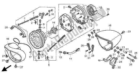 All parts for the Headlight (uk) of the Honda VTX 1300S 2004