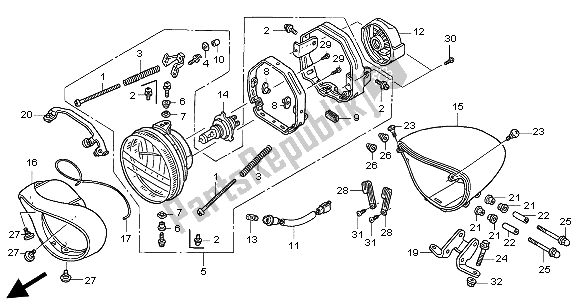 All parts for the Headlight (uk) of the Honda VTX 1300S 2004