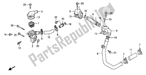 All parts for the Water Pipe & Thermostat of the Honda VFR 750F 1987