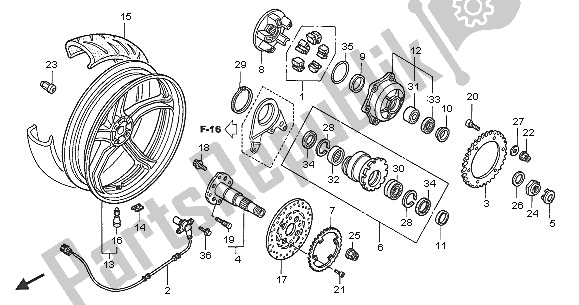 All parts for the Rear Wheel of the Honda VFR 800A 2005