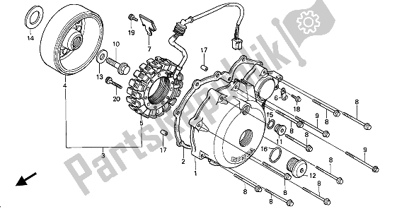 All parts for the Left Crankcase Cover-generator of the Honda NTV 650 1991