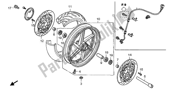 All parts for the Front Wheel of the Honda VFR 800 2008