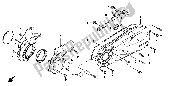 All parts for the Left Crankcase Cover of the Honda SH 300A 2012