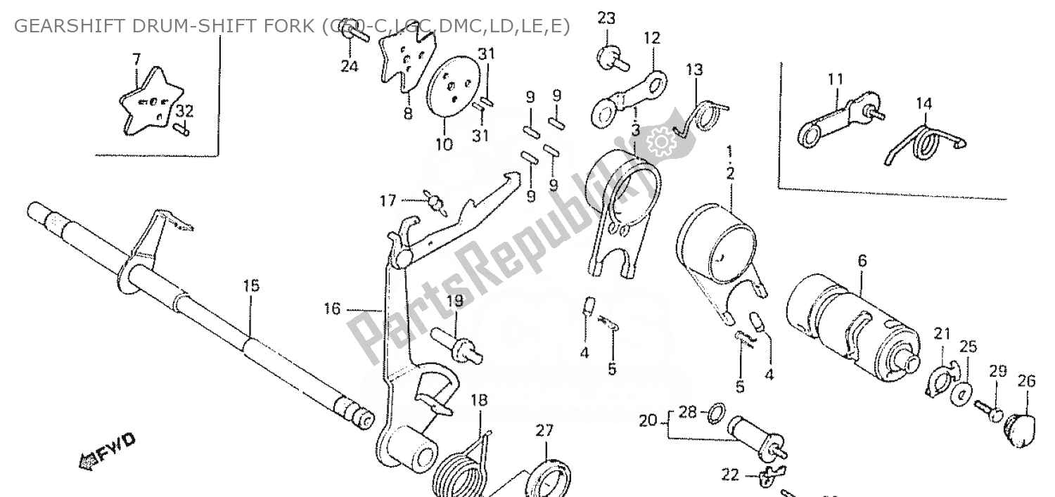 All parts for the Gearshift Drum-shift Fork (c50-c,lgc,dmc,ld,le,e) of the Honda C 50 CUB 1984