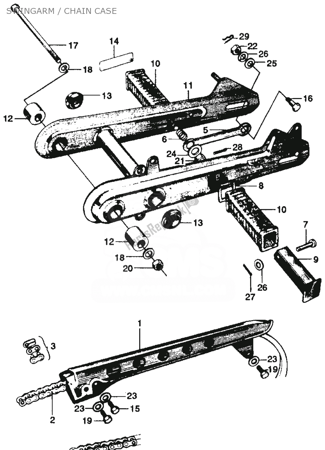 Alle onderdelen voor de Swingarm / Chain Case van de Honda SS 125 1967