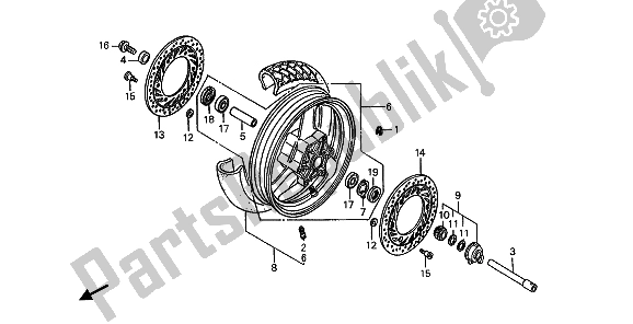 All parts for the Front Wheel of the Honda ST 1100 1990