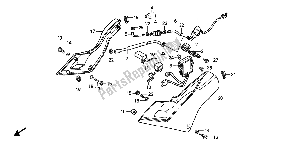 All parts for the Side Cover & Fuel Pump & Rectifier of the Honda VFR 750F 1989