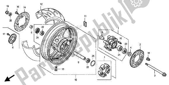 Alle onderdelen voor de Achterwiel van de Honda CB 600 FA Hornet 2013