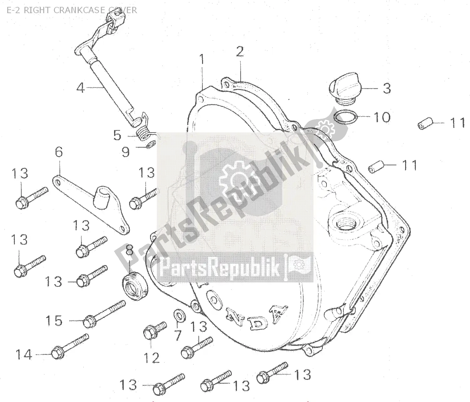 All parts for the E-2 Right Crankcase Cover of the Honda MB 100 1980