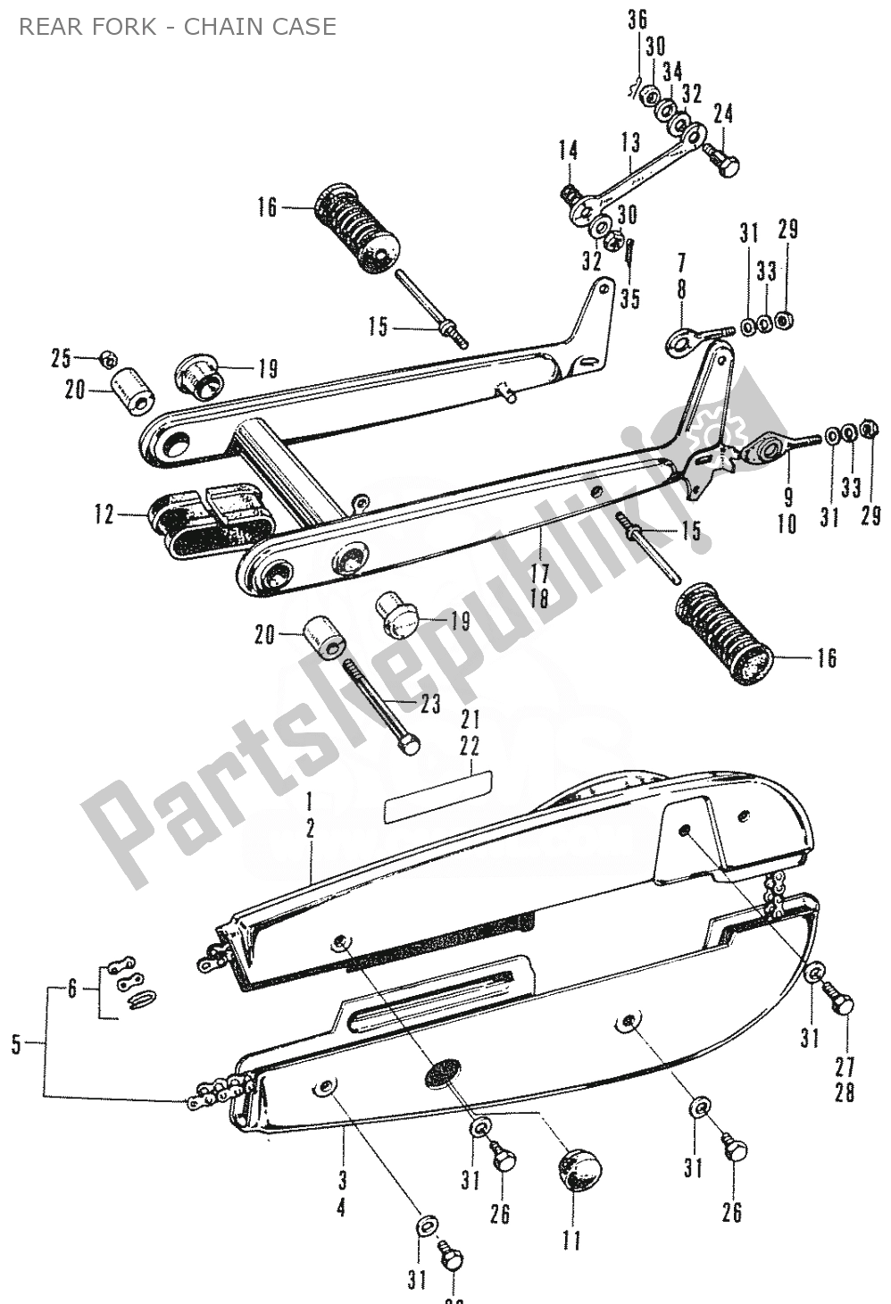 Toutes les pièces pour le Rear Fork - Chain Case du Honda C 50 CUB 1969