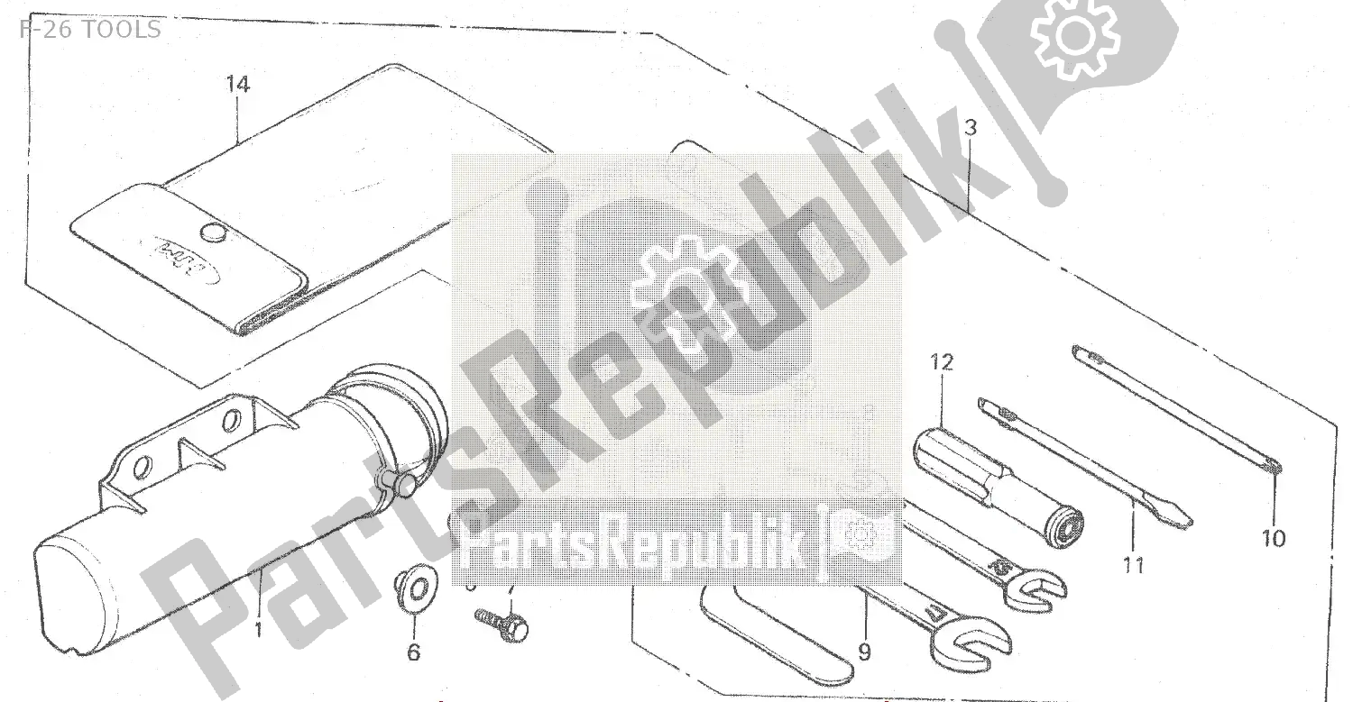 Alle onderdelen voor de F-26 Tools van de Honda MT 80 1980