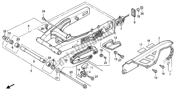 All parts for the Rear Fork & Chain Case of the Honda NX 650 1990