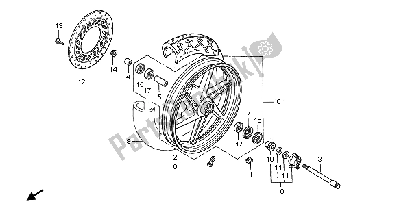 All parts for the Front Wheel (r203 Proycon Red Metallic) of the Honda CB 500 1996