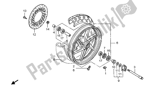 All parts for the Front Wheel (r203 Proycon Red Metallic) of the Honda CB 500 1996