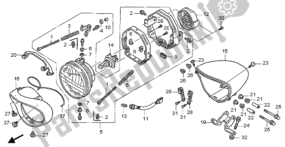 All parts for the Headlight (uk) of the Honda VTX 1300S 2007
