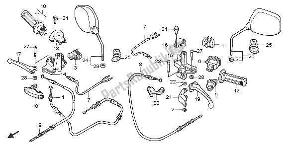 All parts for the Handle Lever & Switch & Cable of the Honda SCV 100F 2005