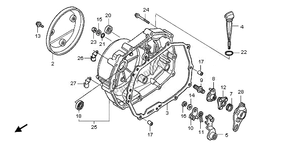 All parts for the Right Crankcase Cover of the Honda ANF 125 2010