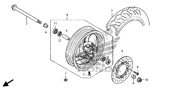 All parts for the Front Wheel of the Honda FES 125 2012