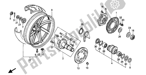 Alle onderdelen voor de Achterwiel van de Honda VFR 400R3 1991
