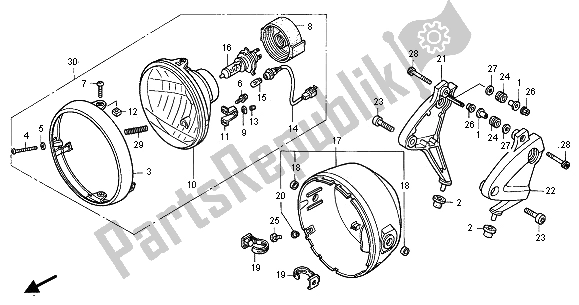 All parts for the Headlight (uk) of the Honda CB 1100 SF 2001