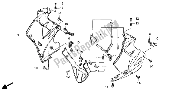 All parts for the Lower Cowl of the Honda VFR 800 FI 2001