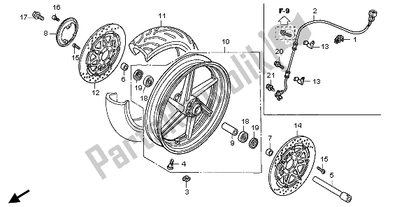 All parts for the Front Wheel of the Honda VFR 800A 2009