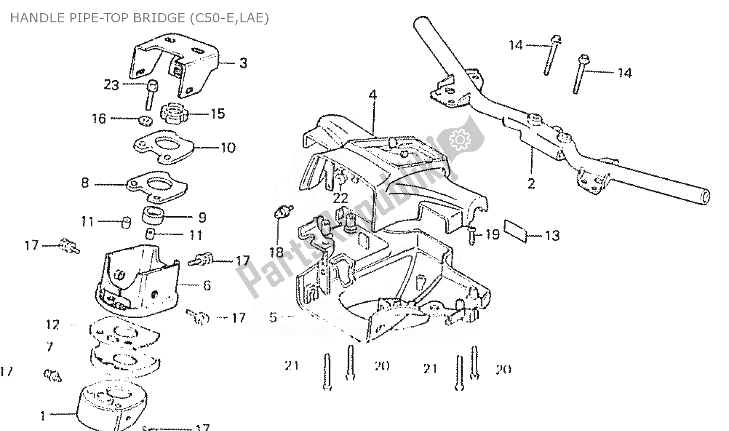 Alle onderdelen voor de Handle Pipe-top Bridge (c50-e,lae) van de Honda C 50 CUB 1984