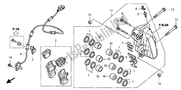 All parts for the R. Front Brake Caliper of the Honda VFR 1200 FD 2012