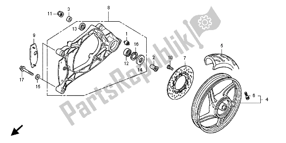 Alle onderdelen voor de Achterwiel En Achterbrug van de Honda SH 150R 2012
