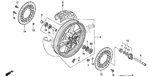 All parts for the Front Wheel of the Honda CB 750F2 1994