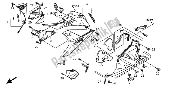 Alle onderdelen voor de Onderste Kap (l.) van de Honda CBR 600 RA 2010