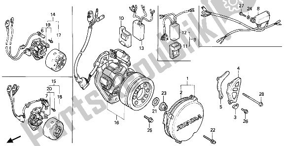 All parts for the Left Crankcase Cover & Generator & C. D. I. Unit of the Honda CR 250R 1987