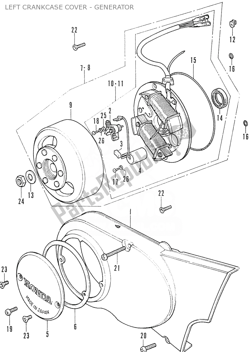 All parts for the Left Crankcase Cover - Generator of the Honda CF 70 Chaly 1950 - 2023