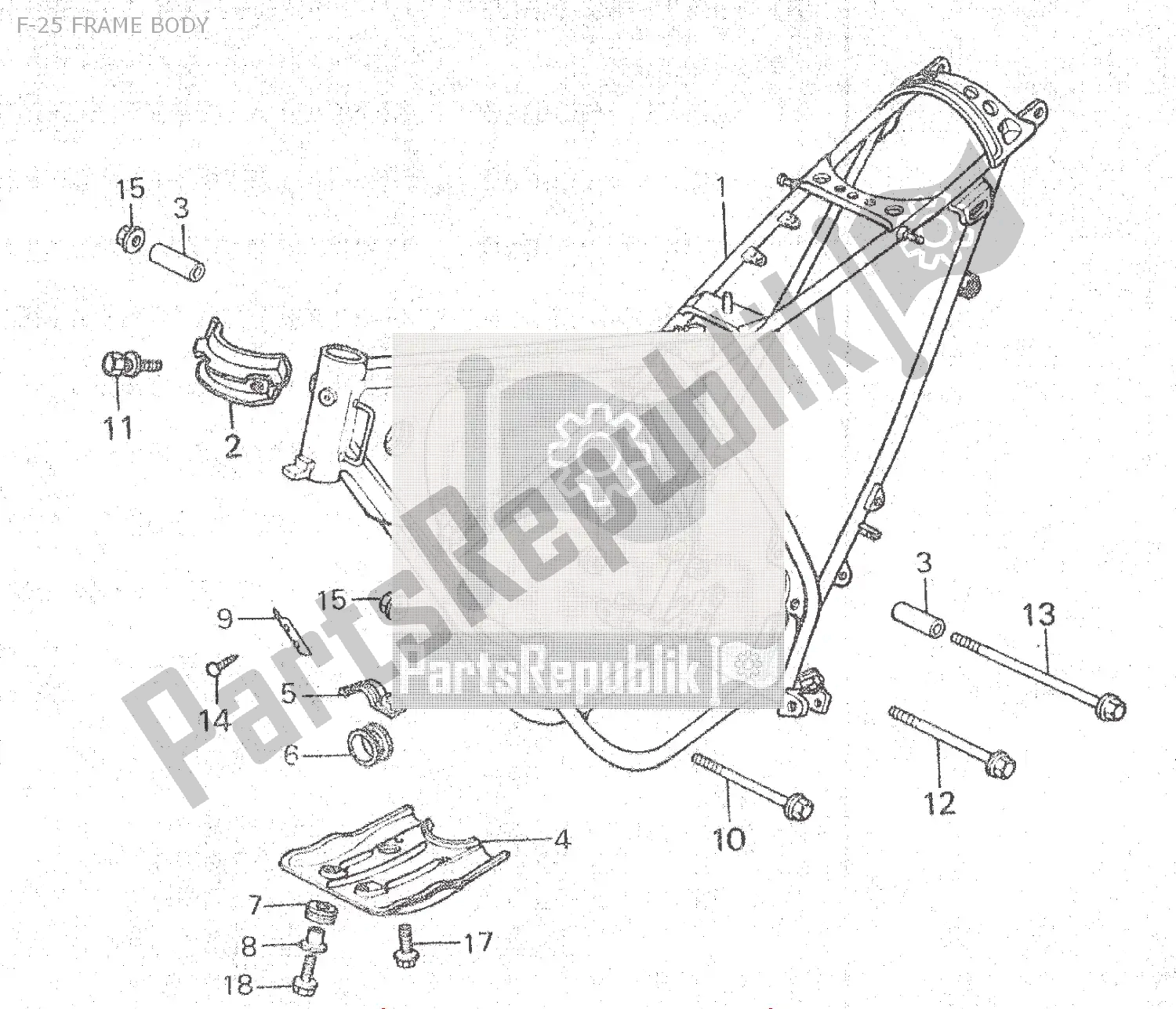All parts for the F-25 Frame Body of the Honda MTX 80 1983