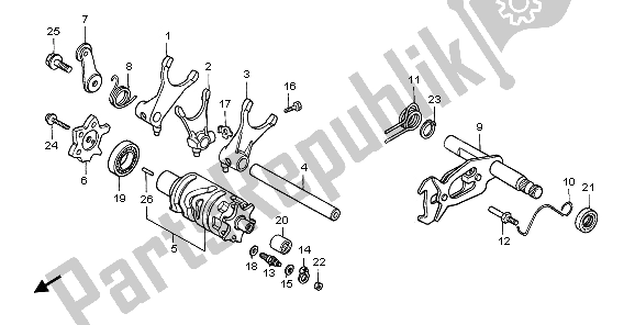 All parts for the Shift Drum & Shift Fork of the Honda FMX 650 2007