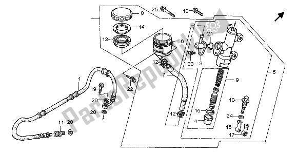 All parts for the Rear Brake Master Cylinder of the Honda RVF 750R 1996