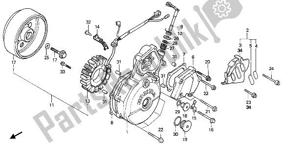 All parts for the Left Crankcase Cover & Generator of the Honda NX 650 1989