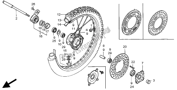 All parts for the Front Wheel of the Honda XR 250R 1995