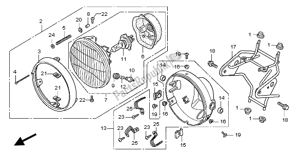 All parts for the Headlight (uk) of the Honda CBF 600 NA 2005