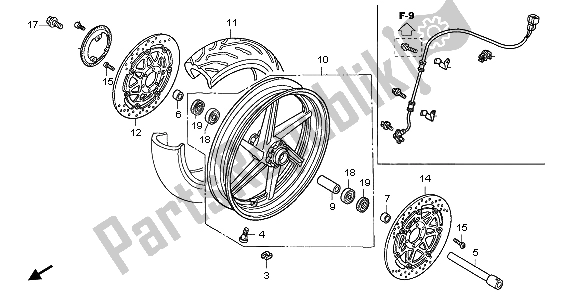All parts for the Front Wheel of the Honda VFR 800 2007