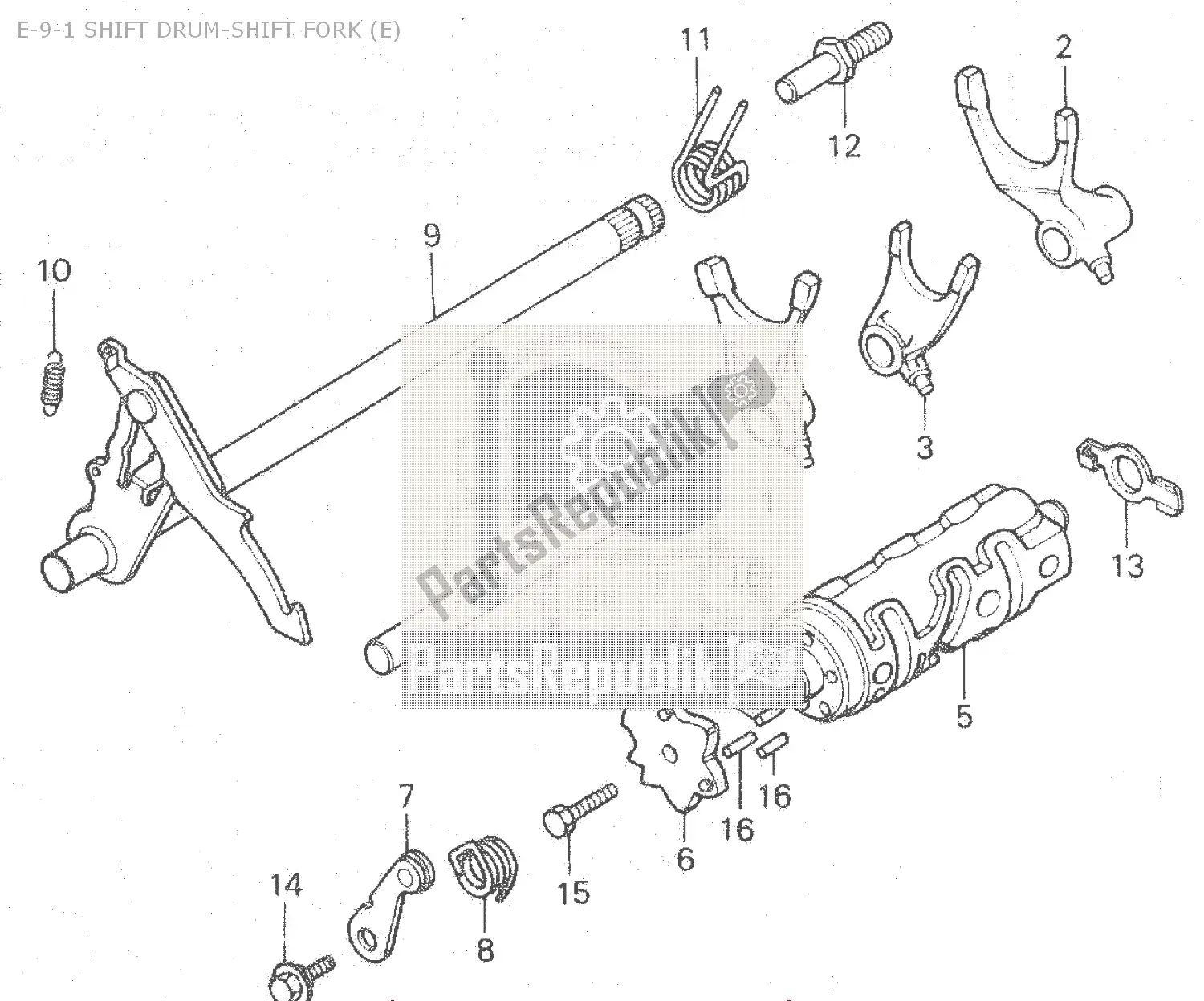 All parts for the E-9-1 Shift Drum-shift Fork (e) of the Honda MB 100 1980