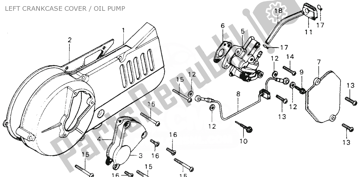 Alle onderdelen voor de Left Crankcase Cover / Oil Pump van de Honda MT 125 1974