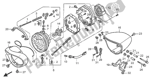 All parts for the Headlight (uk) of the Honda VTX 1300S 2005