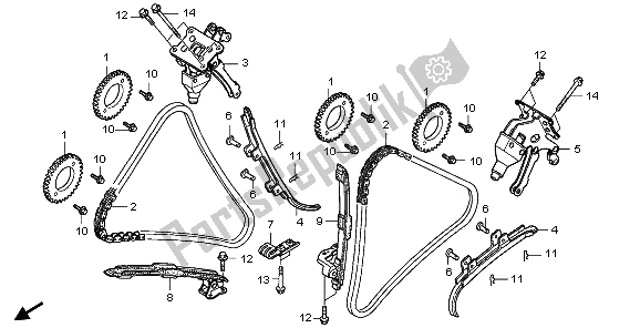 All parts for the Cam Chain & Tensioner of the Honda VTR 250 2009