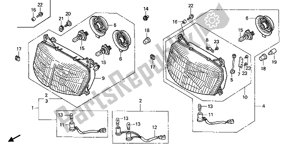 All parts for the Headlight (uk) of the Honda VFR 750F 1990