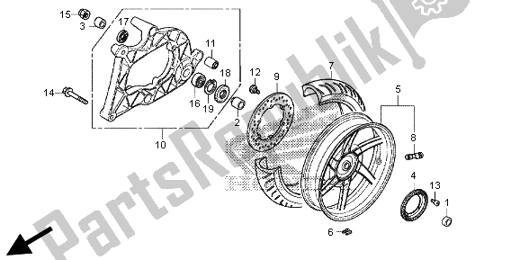 All parts for the Rear Wheel & Swingarm of the Honda SH 300 RA 2013