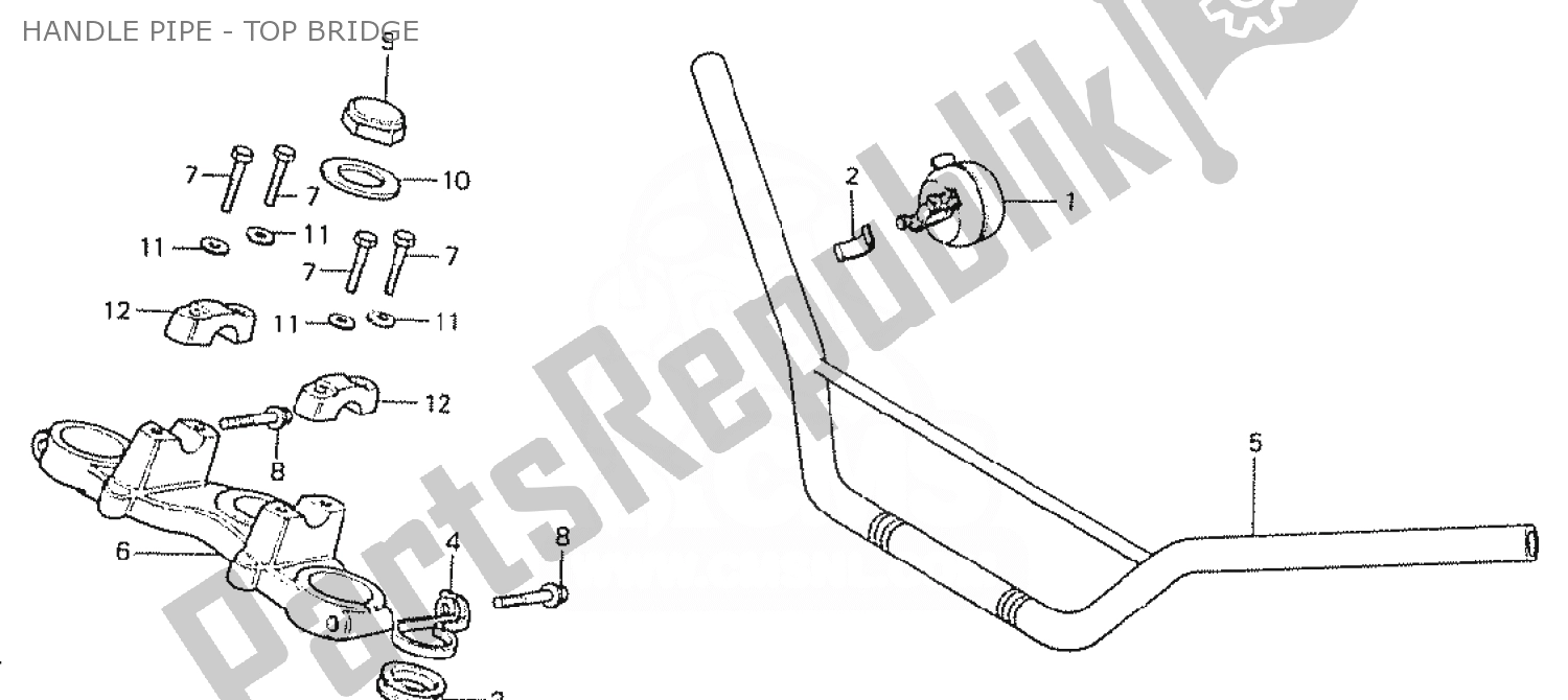 All parts for the Handle Pipe - Top Bridge of the Honda MT 50 1980