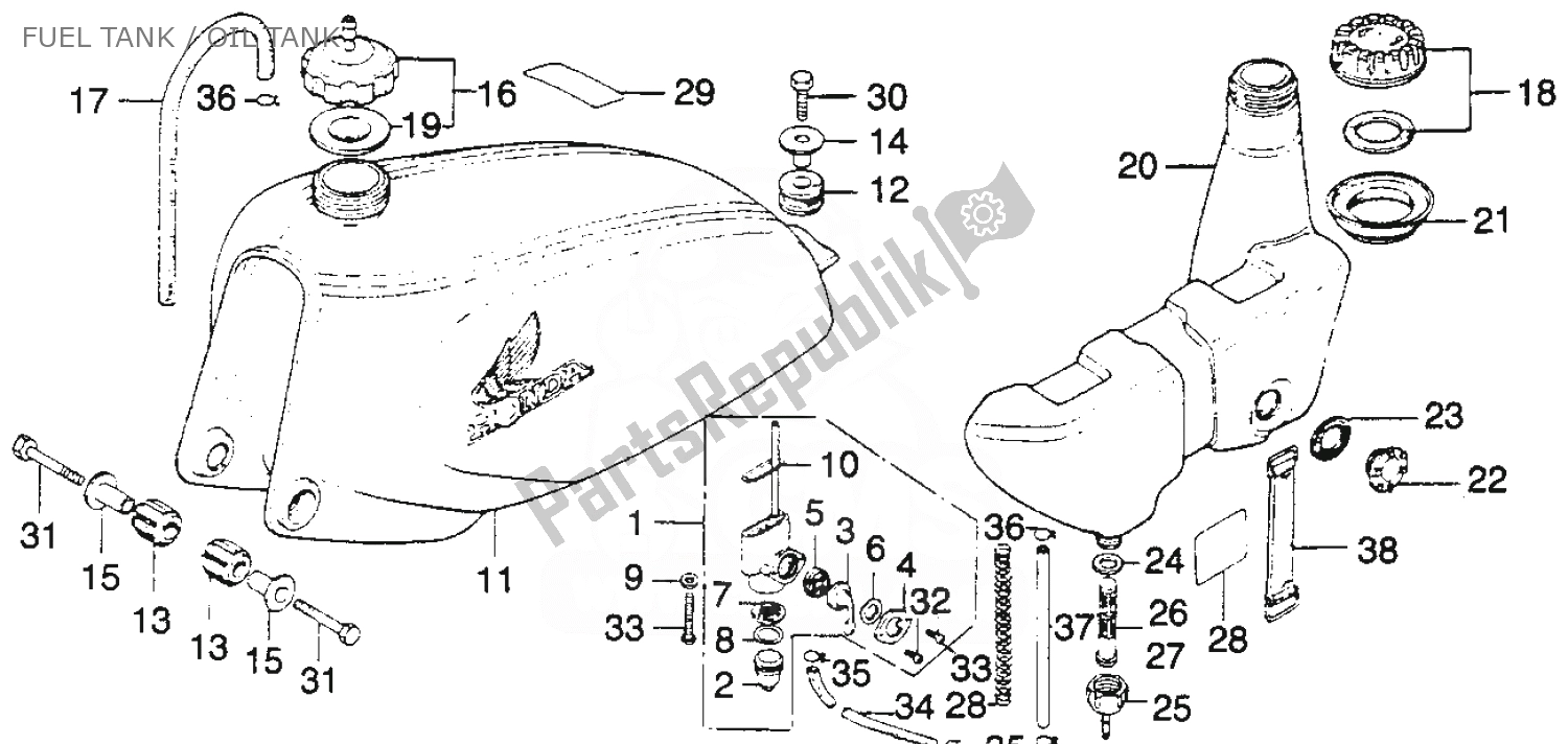Todas as partes de Fuel Tank / Oil Tank do Honda MT 250 1974